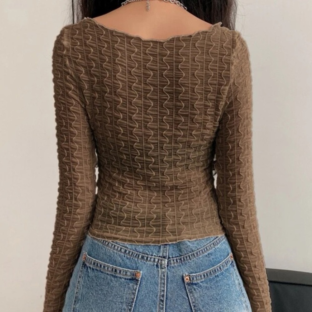 Semi See-Through Ruffled Brown Button Up - Picture 2 of 2